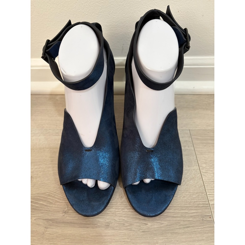 ZERO + Maria Cornejo Metallic Blue Suede V-Cut Block Heel Ankle Strap Sandals 41